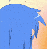 a girl with blue hair and green eyes is making a face