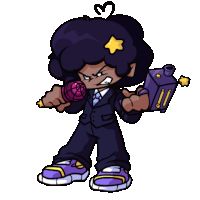 a cartoon character in a suit and tie holding a microphone and a gun