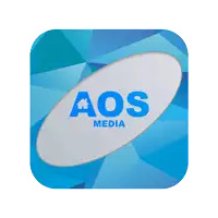 an aos media icon with a blue background