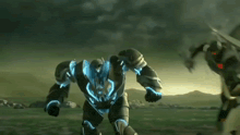 a robot is standing in a field with a bird flying in the background .