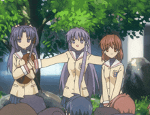 a group of anime girls are standing next to each other and one has the letter e on her jacket