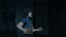 a man in a mask is kicking another man in a blue shirt