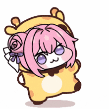 a cartoon character with pink hair and purple eyes is wearing a yellow purse .