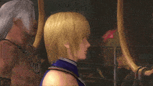 a man and a woman are standing next to each other in a video game scene