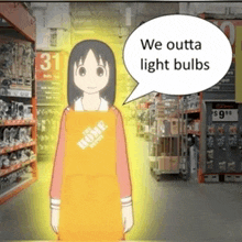 a woman in a home depot apron is talking about light bulbs in a speech bubble