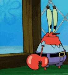 a cartoon character from spongebob squarepants is standing next to a window