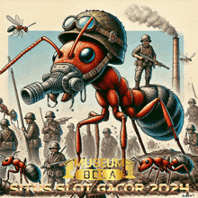an ant wearing a gas mask is surrounded by soldiers and the words museum bella on the bottom