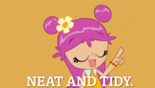 a cartoon girl with a flower in her hair is pointing at the word neat and tidy