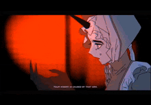a cartoon drawing of a girl with a horn and the words " your misery is caused by that arm "