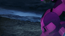 a purple robot is flying through the air with a light on its head