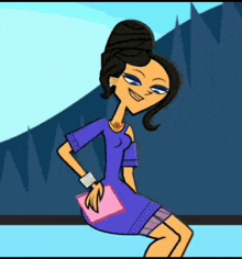 a cartoon woman in a purple dress is smiling and holding a pink book .