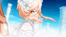 a girl with a flower in her hair is standing in front of a blue sky