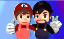 two cartoon characters with one wearing a red hat with k on it
