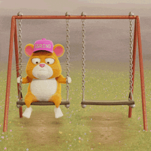 a cartoon mouse is sitting on a swing wearing a pink grind hat