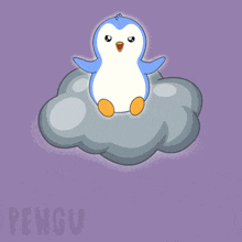 an illustration of a penguin sitting on a cloud with the word pengu on the bottom