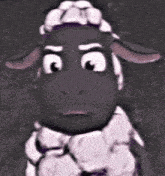 a close up of a cartoon sheep with a serious look on his face