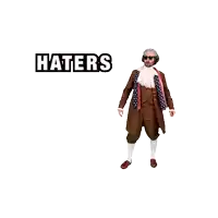 a man in a suit is dancing in front of a sign that reads haters