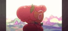 a cartoon character with a red head and a green leaf