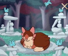 a cartoon of a cat laying on a rock with birds around it