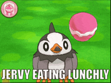a cartoon of a bird with the words " jerky eating lunchly "