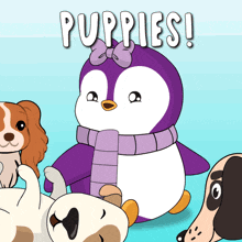 a penguin wearing a purple scarf and bow is surrounded by puppies