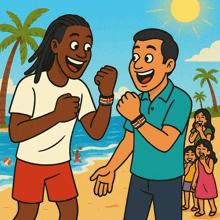 a cartoon of two men on a beach with palm trees
