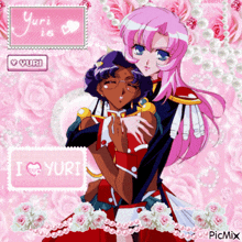 a picture of two anime girls with the words i love yuri on the bottom right