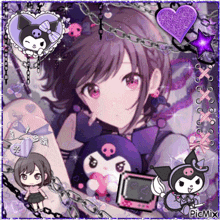 a girl with purple hair is holding a stuffed animal .