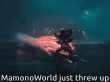 a picture of a cartoon character with red eyes and the words mamonoworld just threw up