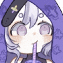 a cartoon girl is drinking through a straw from a purple cup .