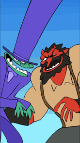 a cartoon of a man in a purple top hat and a cartoon of a man with red horns