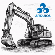 a black and white drawing of an excavator with the apidutos logo