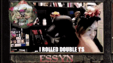 a woman sitting in a chair with the words " i rolled double ts " on the bottom