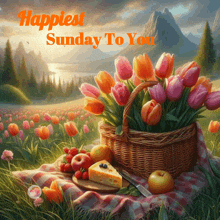 a painting of a picnic with a basket of flowers and fruit with the words " happiest sunday to you " above it