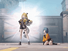 a girl in a yellow jacket stands next to a girl in an orange shirt