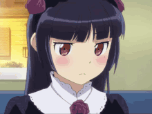 a girl with black hair and red eyes is wearing a black dress with a white collar
