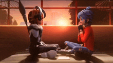 two cartoon characters are sitting next to each other on a bed at sunset