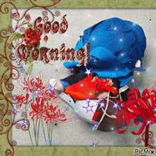 a picture of a stuffed animal that says good morning on it