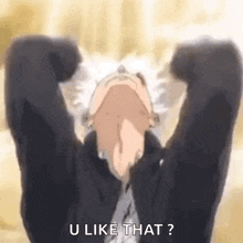 a person is laying on a bed with their hands behind their head and says `` u like that ? ''