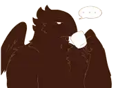 a drawing of a bird drinking from a cup with a speech bubble above it