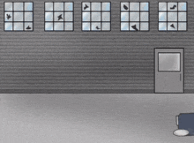 a drawing of a building with a door and broken windows
