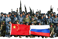 a group of soldiers posing for a picture with a russian flag