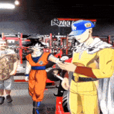 a cartoon of goku and one punch man standing in front of a zoo la sign