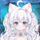 a girl with white hair and cat ears is wearing a bell around her neck