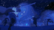 a man is holding a sword in his hand while another man is standing in front of a blue light .