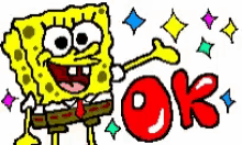 a cartoon of spongebob saying ok with a red circle in the middle .