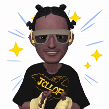 a cartoon of a man wearing a black shirt that says cllof on it
