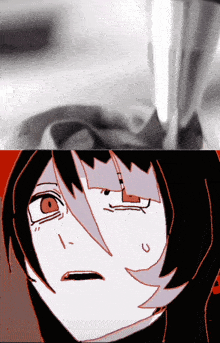 a close up of a person 's face and a drawing of a girl with red eyes