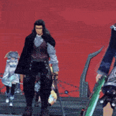 a man holding a sword stands next to a woman in a blue dress