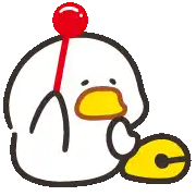 a cartoon duck with a red spoon in its beak .